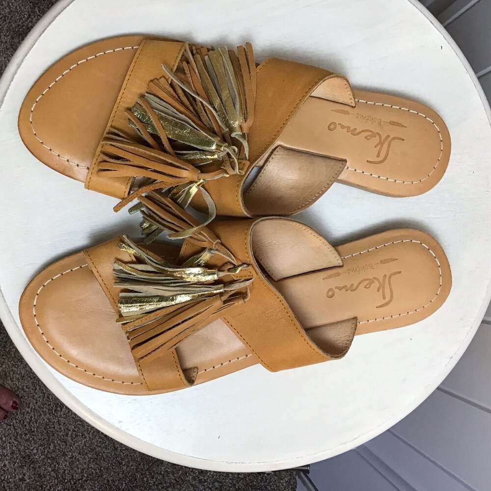 Skemo Bohéme Leather Tassel Slide Sandals Size 9 Tan Gold Boho Summer Chic - Picture 5 of 8